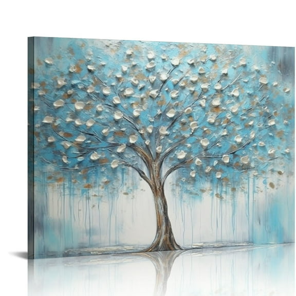 JRXY Tree Wall Art Teal Blue Nature Tree of Life Abstract Canvas Painting Textured Picture, Modern Panoramic Landscape Artwork Framed for Living Room Bedroom Bathroom Office Home Decor 20x16in