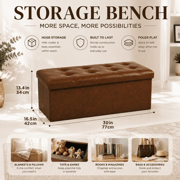30" Storage Ottoman Bench, Folding Ottoman Foot Rest, Storage Chest with Thicker Seat, Storage for Blankets in Living Room, Entryway, Bedroom,