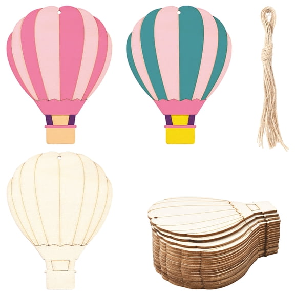 20Pcs Hot Air Balloon Wooden Cutouts Unfinished Wood Ornaments with Twine Blank Hanging Tags DIY
