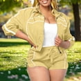 thumbnail image 2 of QATAINLAV Two Piece Sets for Women Full Zip Up Crop Sweatshirts Sport Jackets and Drawstring Shorts Fashion Stripe Tracksuits with Pockets, Yellow, L, 2 of 10