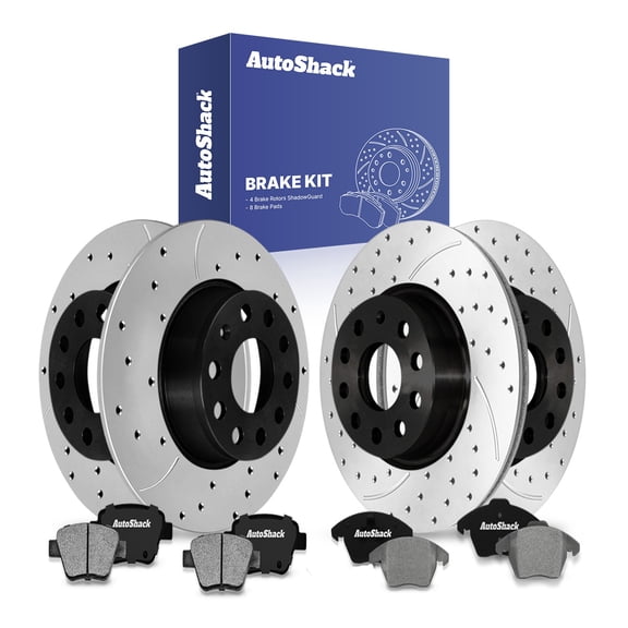 AutoShack Front Vented & Rear Solid Drilled & Slotted E-Coated Brake Rotors   Ceramic Pads 12-PC Brake Kit Replacement for 2012-2013 Volkswagen Beetle ShadowGuard