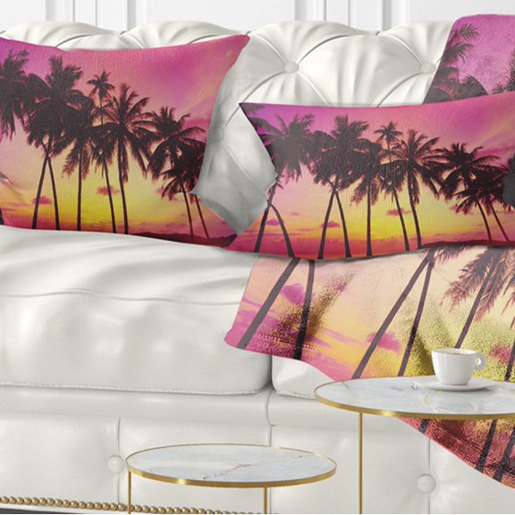 Designart Row of Beautiful Palms under Magenta Sky - Landscape Printed Throw Pillow - 12x20