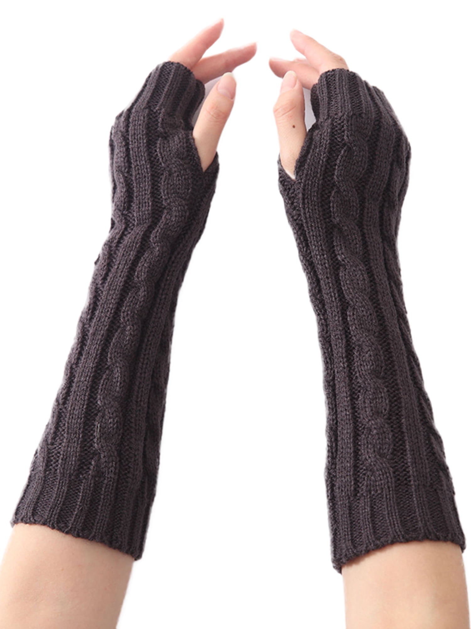 Ladies Solid Fingerless Knit Mitten Women Long Gloves Winter Arm Warmer NEW S 