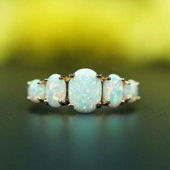 TAAPSEE JEWELS Oval Cut Lab-Created Opal 5 Stone Women's Classic Ring 14K Yellow Gold Plated Silver