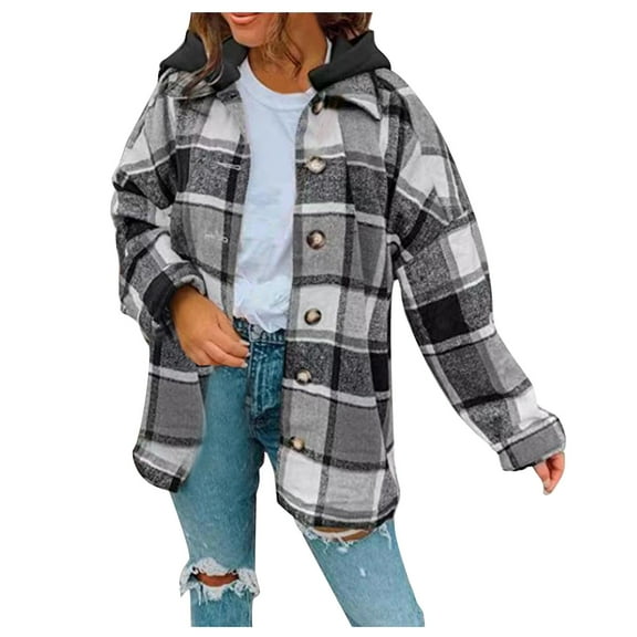 Viikei Women Coats Clearance Women's Long-Sleeved Plaid Hooded Loose Button Plaid Long Woolen Coat