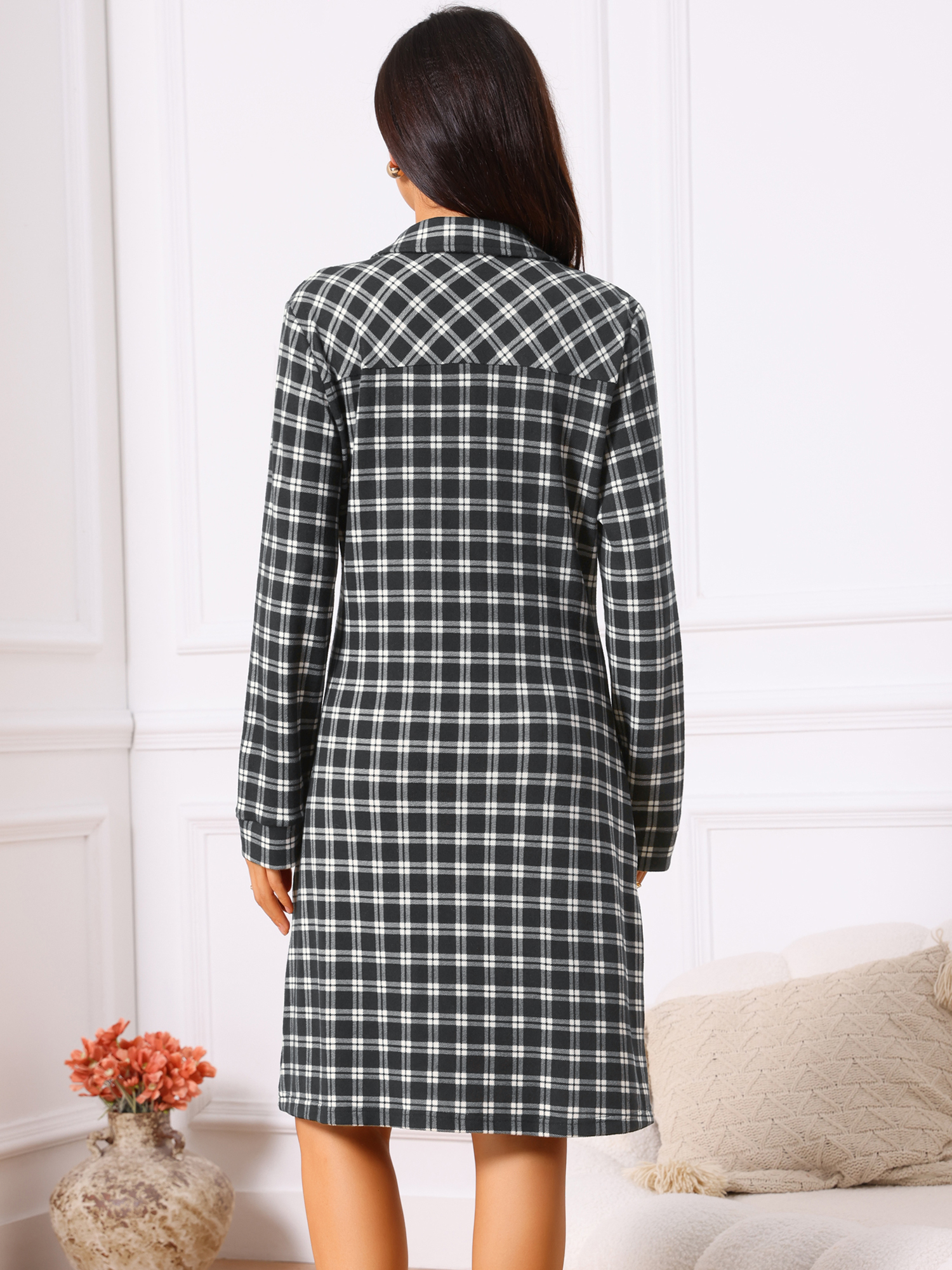 DARING DIVA Women's Vintage Plaid Long Sleeve Casual Knee Length Dress S Black