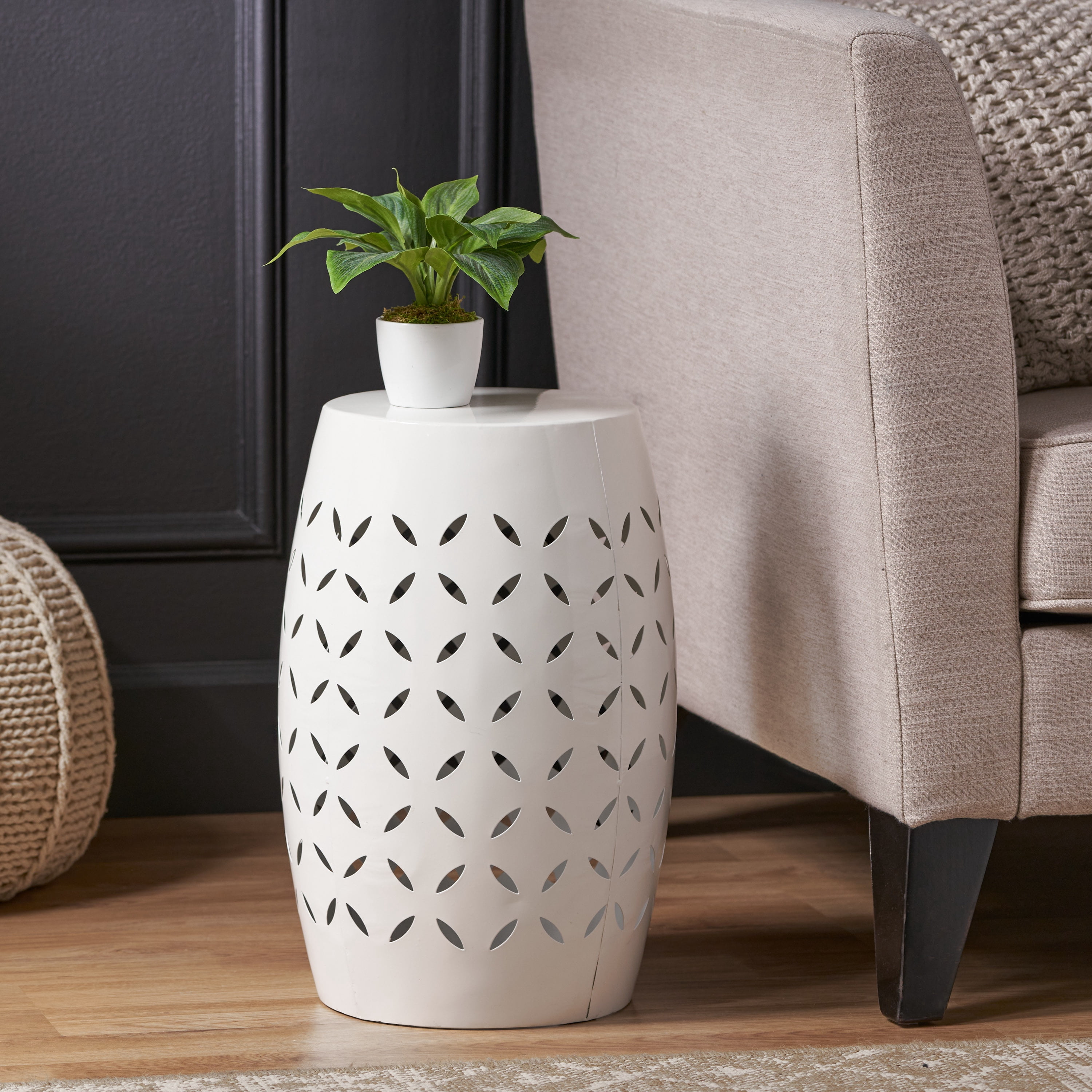 Euroco Lilac 12" Accent Side Table, Cylindrical Design End Table for Living Room, Family Room, or Entryway, Industrial Style,Coffee Side Tables for Indoor Outdoor, White Color