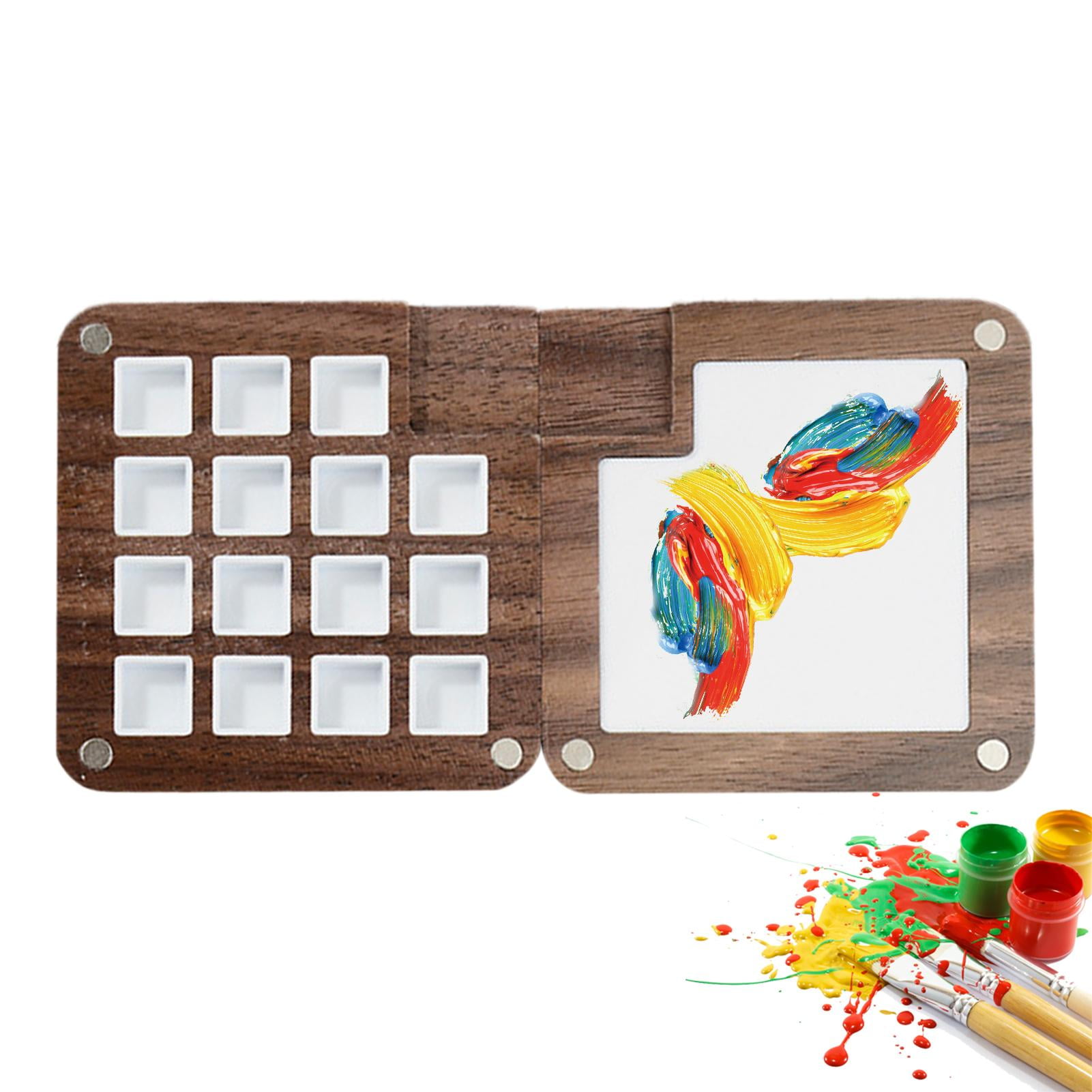 HINZIC Portable Watercolor Palette 15 Grids Wooden Mini Paint Palette with Lid and Mixing Tray Travel Sketchbook Palette Box for Watercolor Acrylic