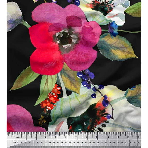 Soimoi Cotton Duck Fabric Leaves & Poppy Flower Fabric Prints By Yard 42 Inch Wide