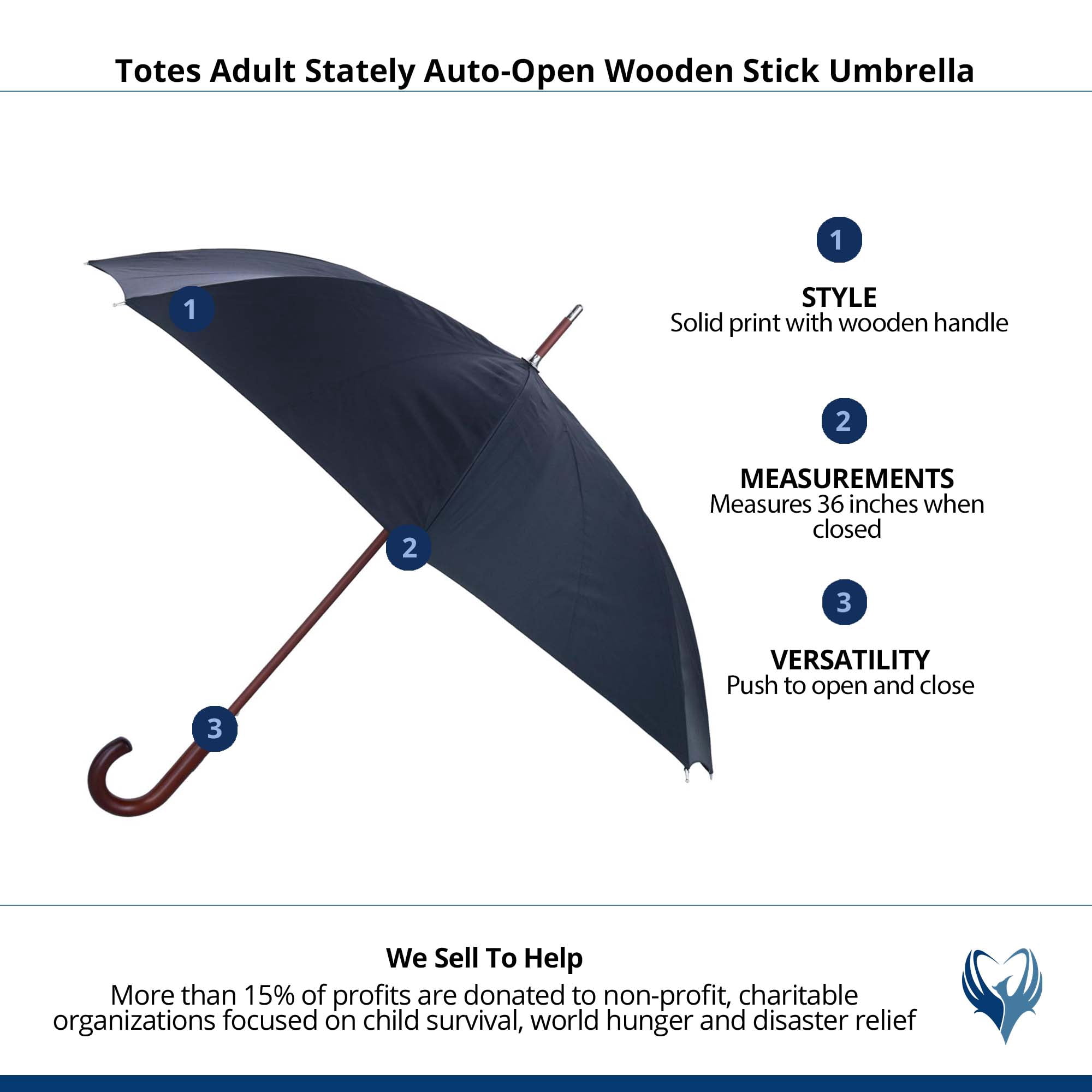 Totes Adult Stately Auto-Open Wooden Stick Umbrella
