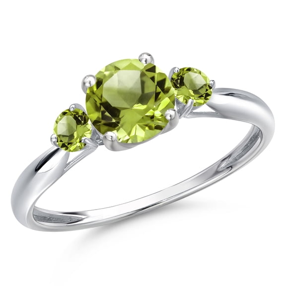 Gem Stone King 10K White Gold Green Peridot 3-Stone Ring for Women | 1.24 Cttw | Round 6MM | Gemstone August Birthstone | Size 7