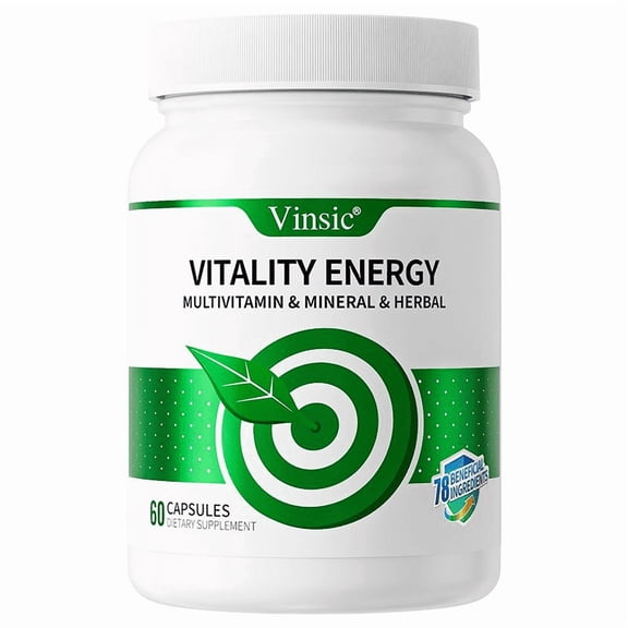 Vinsic Vitality Energy 60 Capsules - Natural Energy & Immune Support with Reishi Mushroom Powder, D-Ribose, and 17.97% Complex Vitamins, Expires 03/2027