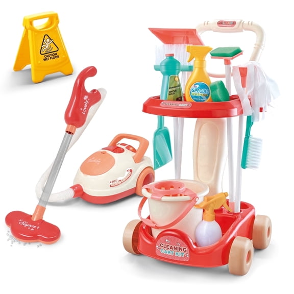 Leimiao Kids Cleaning Set - 12PCS Toddler Pretend Play Kit with Real Vacuum, Broom & Cleaning Tools, Educational Housekeeping Toys for Boys & Girls (Red)