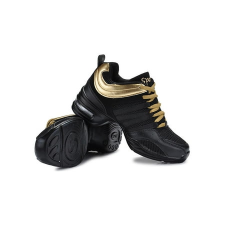 

GENILU Women Casual Breathable Sneaker Split Sole Jazz Shoe Practice Lace Up Walking Dance Shoes Black Gold Style A 6.5