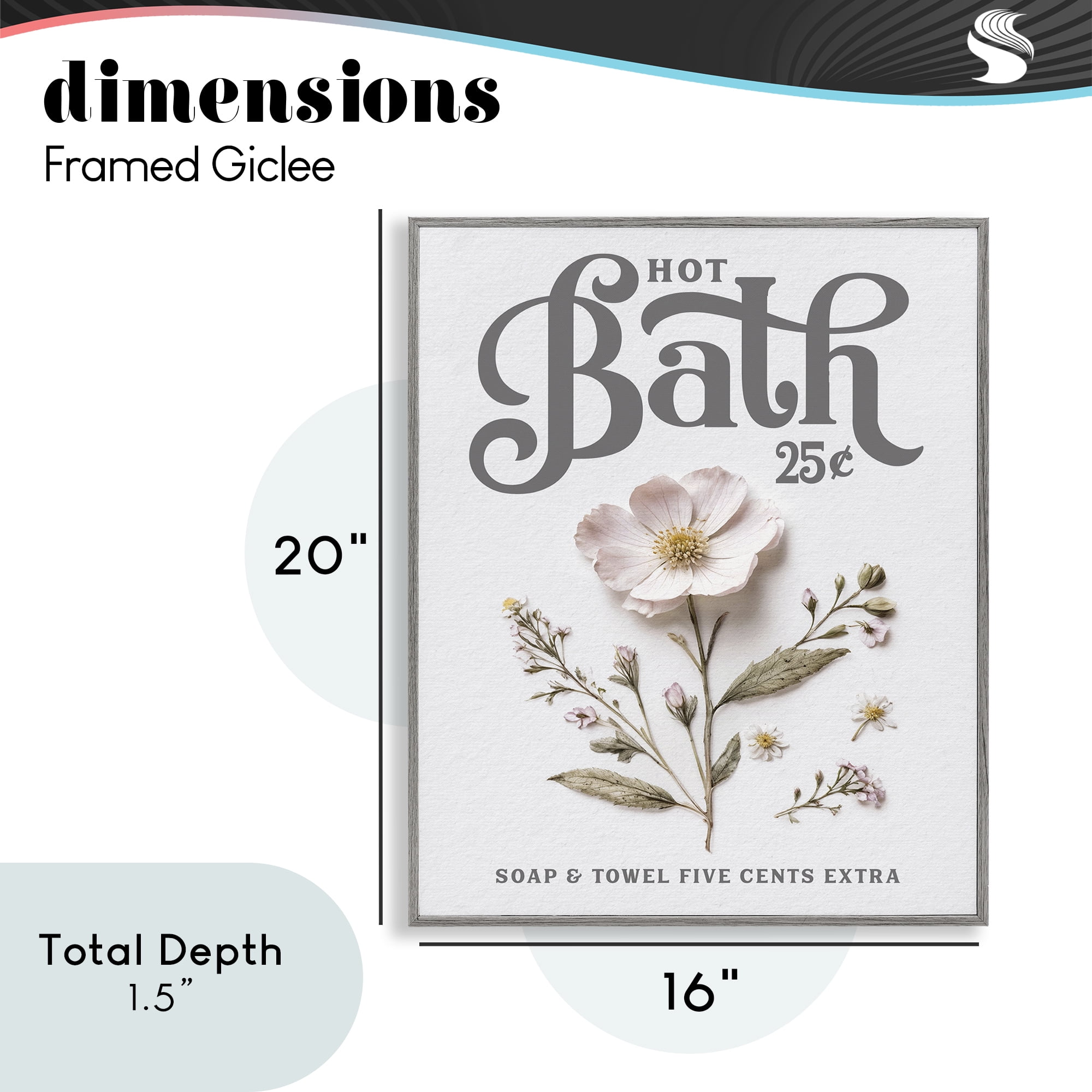 Pressed Flower Vintage Bath Gray Framed Giclee Art, design by Lettered and Lined