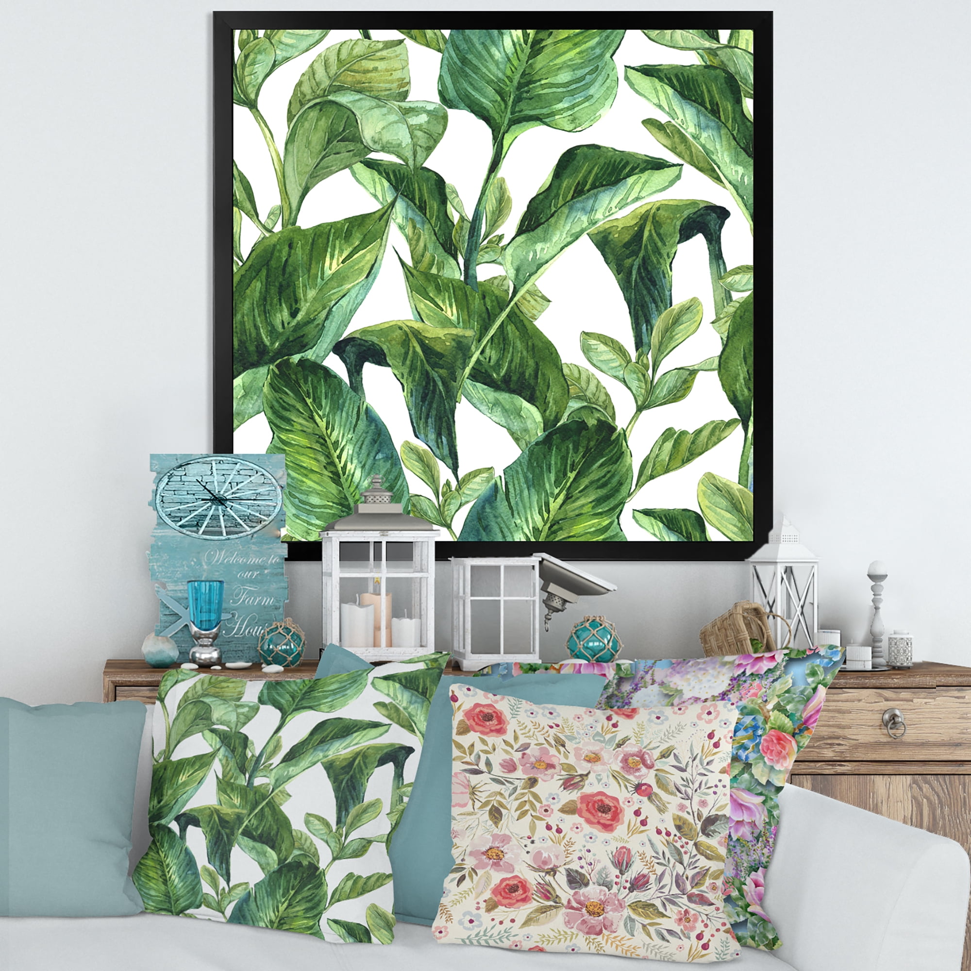 Designart 'Foliage Of Tropical Leaves On White' Tropical Framed Art Print