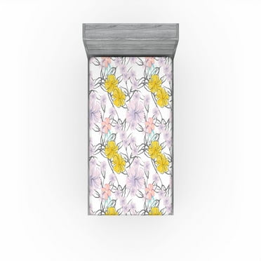 Ambesonne Nature Fitted Sheet, Minimal Floral Motif Print, Twin XL Size, Mustard and Pastel Purple