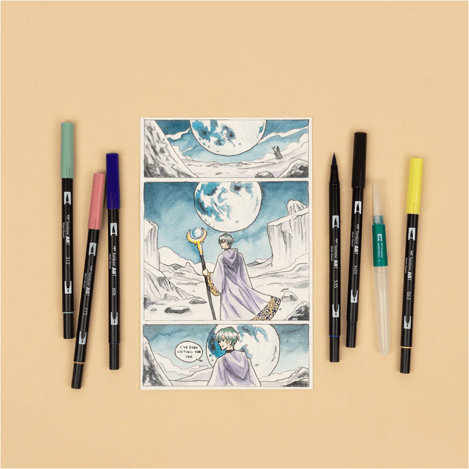 Tombow Dual Brush Pens Set - Manga Collection - 12 Colors - Moon, Wind - Includes Limited Edition Coloring Sheets and Water Brush - Art Marker