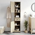 thumbnail image 3 of BizChair Farmhouse Freestanding Bathroom Linen Tower Storage Cabinet with Magnetic Close Doors, 2 Adjustable Shelves, Open Display Shelf, Drawer in Brown, 3 of 14