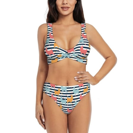 Zeuib Colorful Llama High Waisted Tummy Control Bikini Set - Knot Front Push Up Top & Cheeky Thong Bottom  Two-Piece Swimsuit for Women-XX-Large