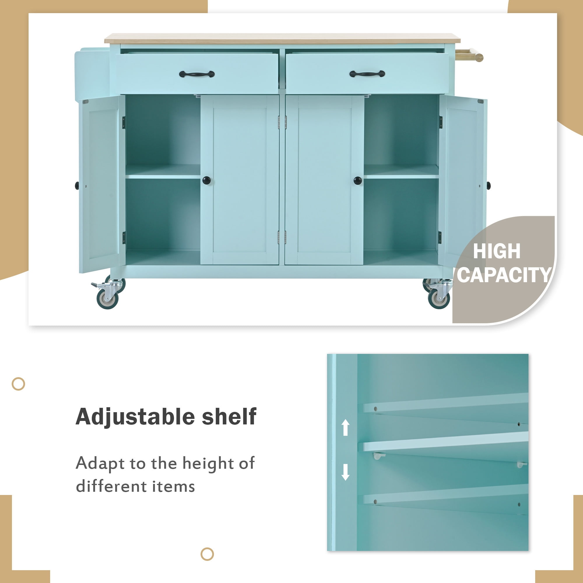 DEALTOPS 54.3" Kitchen Island Cart on Wheels, Kitchen Islands with Storage 4 Door Cabinet & Adjustable Shelves &Towel rack & 2 Drawers Storage Solid wood top-Mint Green