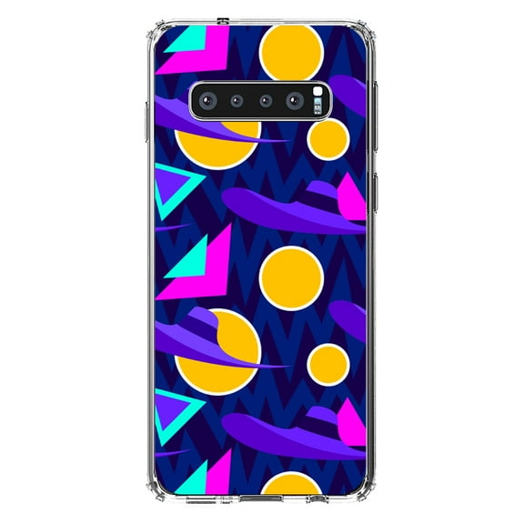 DistinctInk Clear Shockproof Hybrid Case for Samsung Galaxy S10 (6.1" Screen) - TPU Bumper, Acrylic Back, Tempered Glass Screen Protector - Pink Purple Yellow 90s Pattern - Relive the 90's