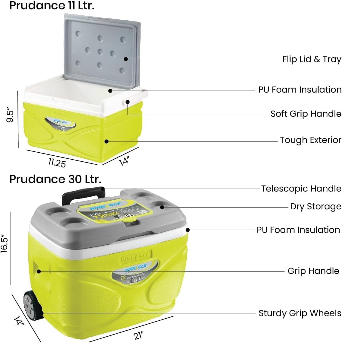 Pinnacle 30L Cooler with Wheels Set, 3 Coolers with Ice Bricks, Cup Holder Lid, Green
