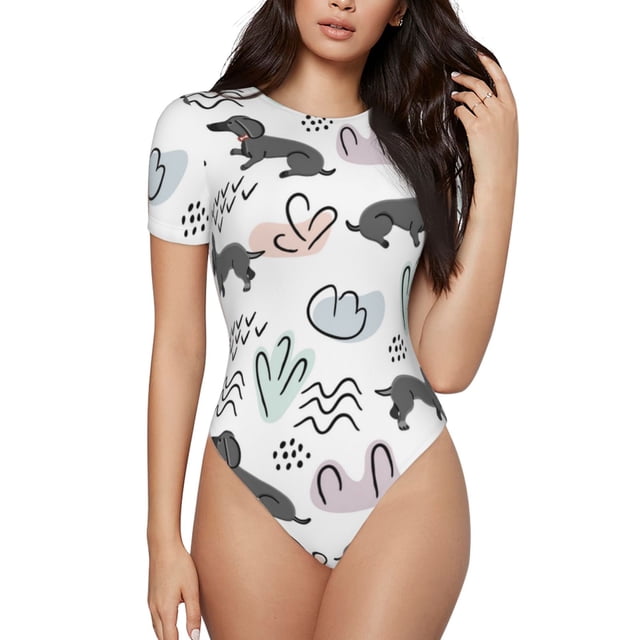 Saiise Justaucorps à Manches Courtes pour Femmes Motif Chiot Teckel Col Rond Pyjama Extensible avec Fermeture à Pression-Petit