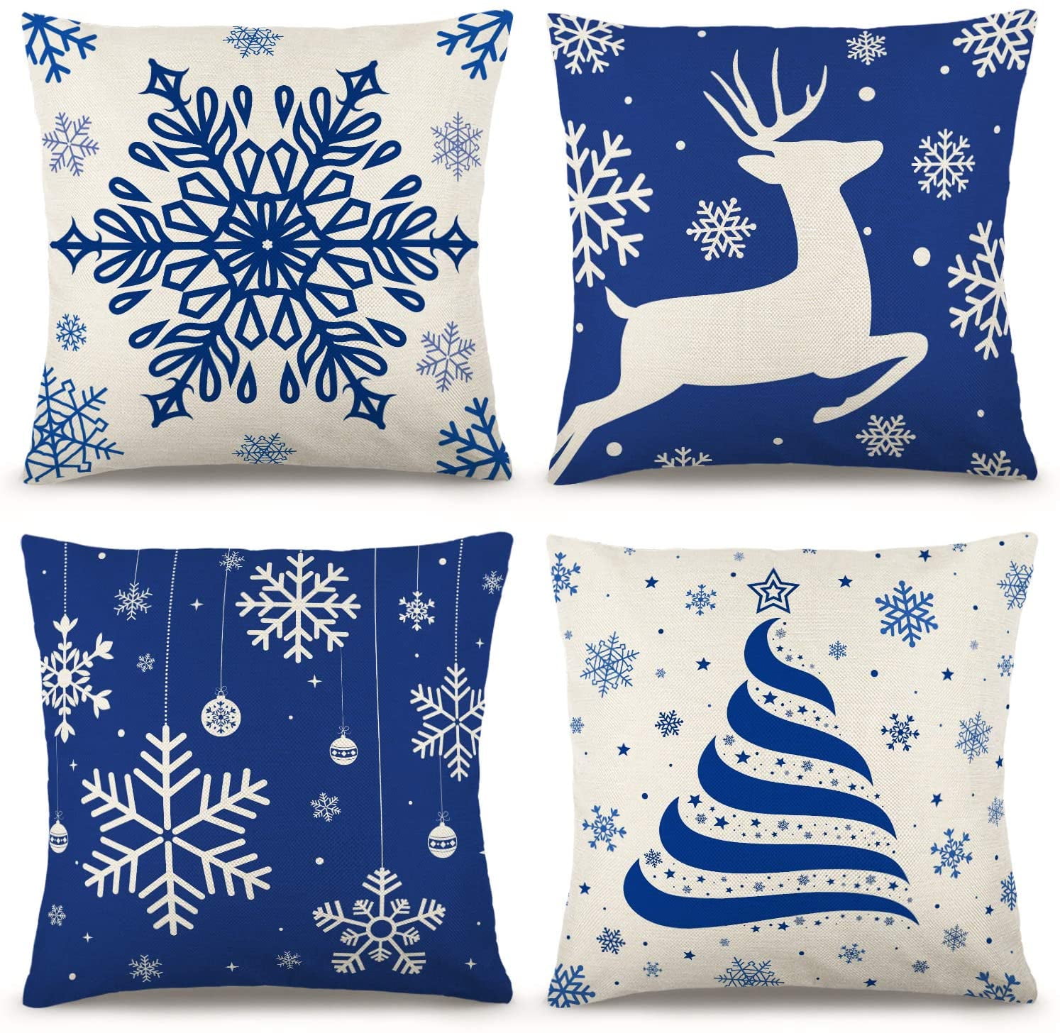DecorX Christmas Blue Pillow Covers 18×18 Inch Set of 4 Farmhouse