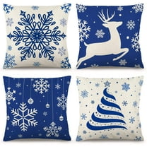 DecorX Christmas Blue Pillow Covers 18×18 Inch Set of 4 Farmhouse Pillow Covers Holiday Rustic Linen Pillow Case for Sofa Couch Christmas Blue Decorations Throw Pillow Covers