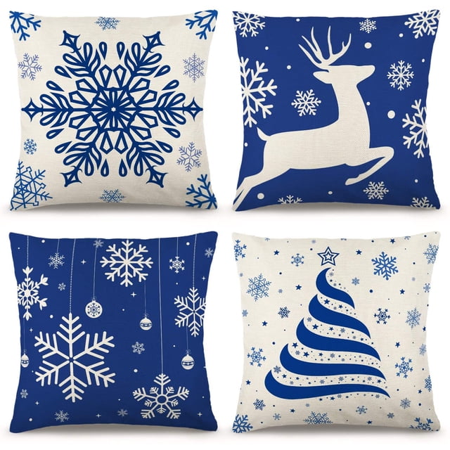 DecorX Juego de 4 fundas de almohada navideñas azules de 45,7 x 45,7 cm, estilo rústico, de lino, para sofá, con decoraciones navideñas azules.