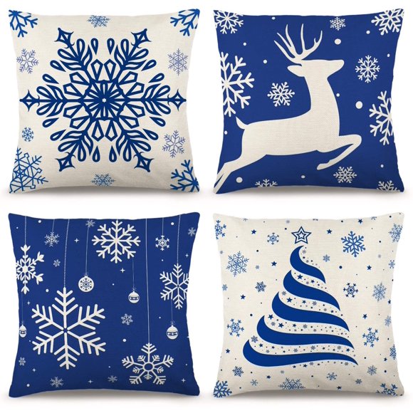 DecorX Juego de 4 fundas de almohada navideñas azules de 45,7 x 45,7 cm, estilo rústico, de lino, para sofá, con decoraciones navideñas azules.
