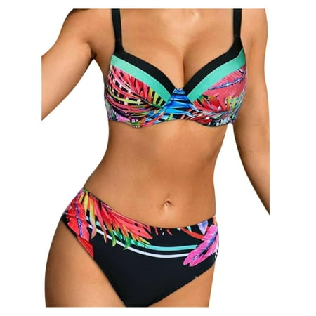 Women s Fashion Leaf Print High Waist Split Swimsuit Bikini Womens Swimsuit Cover Up Mom Swimsuit One Piece Swimwear Women Womens Plain Black One Piece Swimsuit Swimsuits For Women