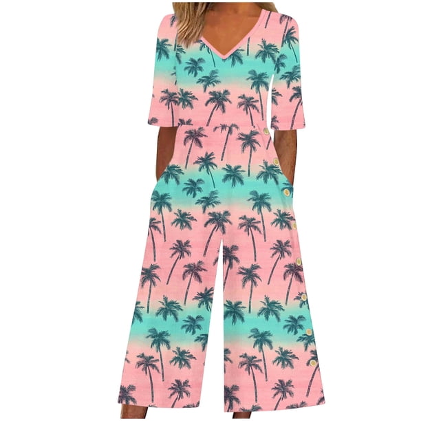 Vestido de Verano de Manga Corta para las Mujeres Hawaiana Unisex Impresión Casual Cuello en V Atrás Cremallera Bolsillo Lateral Overalls
