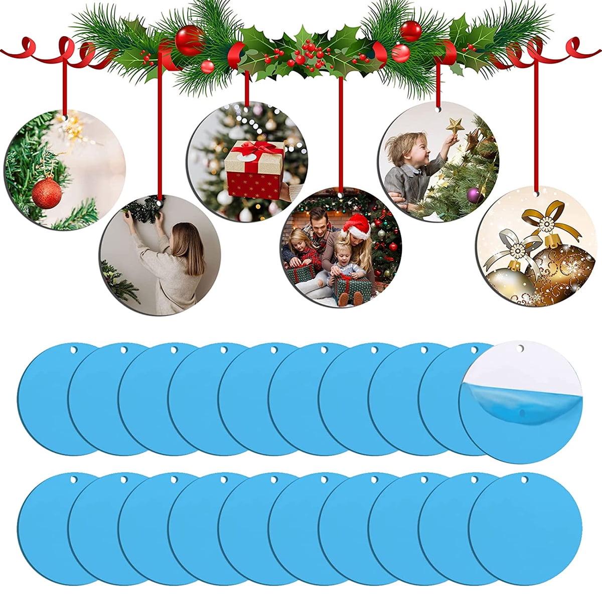 Austok Christmas Sublimation Ornament with Red String Double Sides Sublimation Ornament Blanks Round Lightweight Sublimation Blanks Ornaments Bulk for