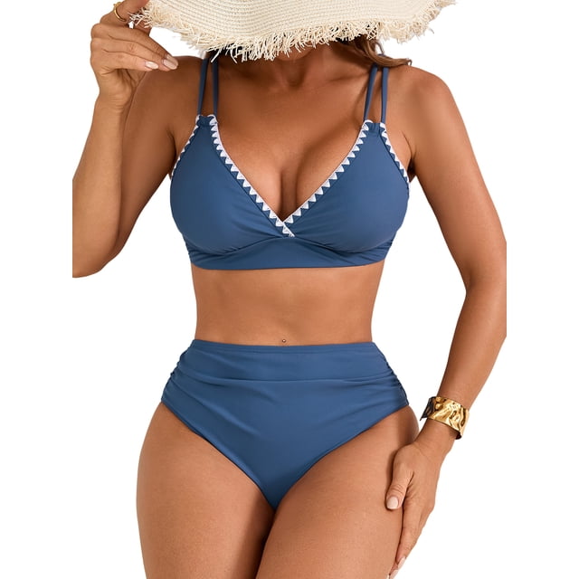 Charmo Women's Bikini Sets V Neck High Waisted Swimsuits Shell Stitched Two Piece Bathing Suit