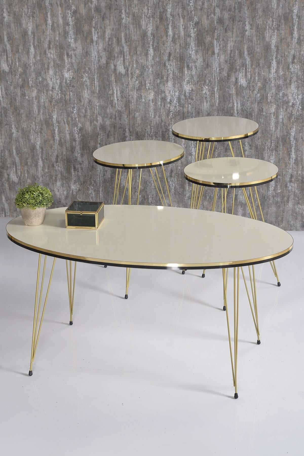 Cream White Oval Coffee Table Set with 4 PCS,Set With 3 Modern Round ...