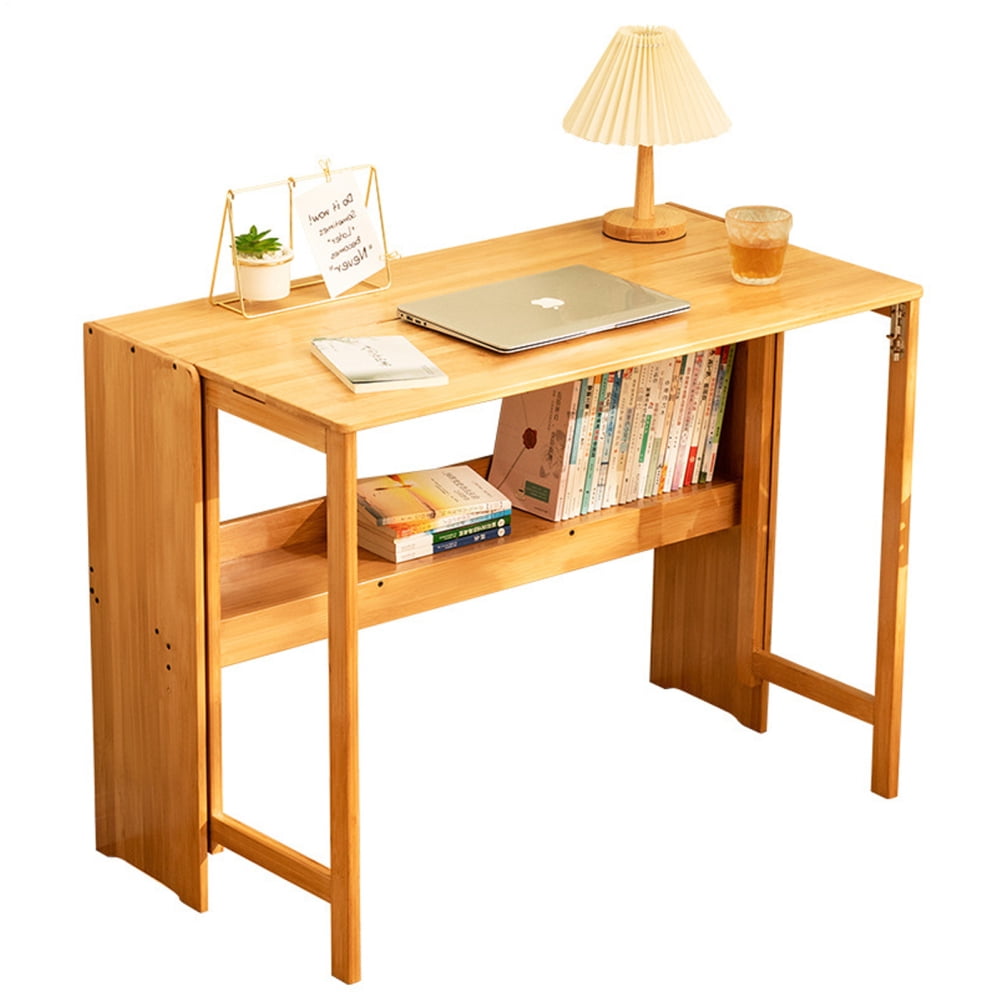 Bamboo Folding Desk, Space-Saving Workstation with Bookshelf for Home Office and Small Apartments (Primary)