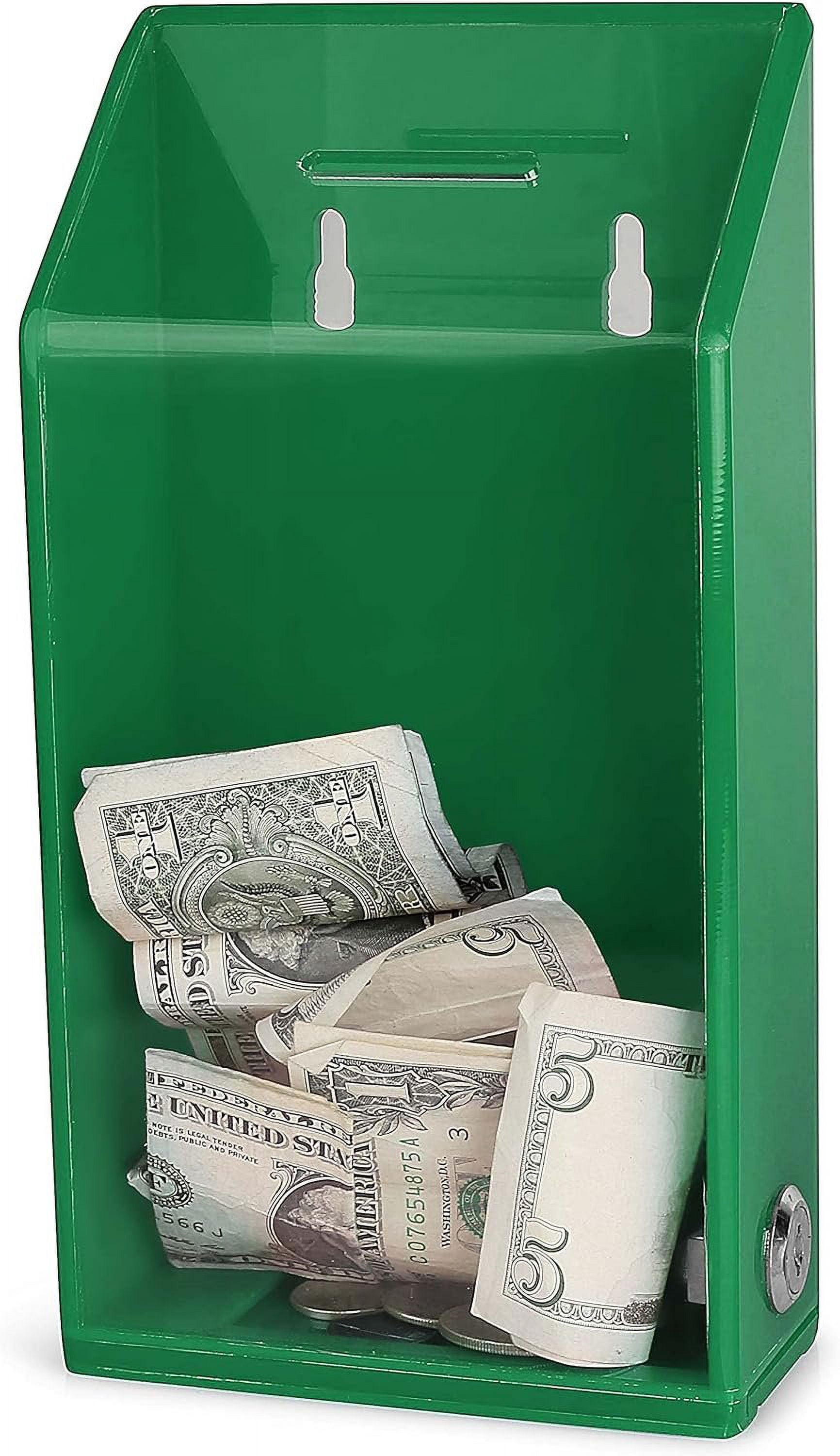 Rectangular Acrylic Donation Suggestion collection Box Pre Drilled Holes For Wall mounted Or Retail Countertop Tip Box with slant top 9.75 x 5 inches, Lock With set of keys Green