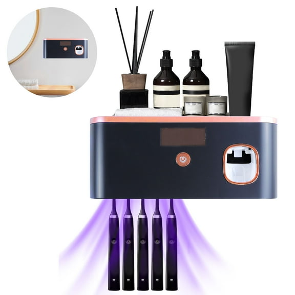 Bigking Toothbrush Holder and Dispenser, Bathroom Wall Mounted Automatic Toothbrush Holder with Led Light and Usb Charge, Metal Tray Can Bear 30 Catties, Balck