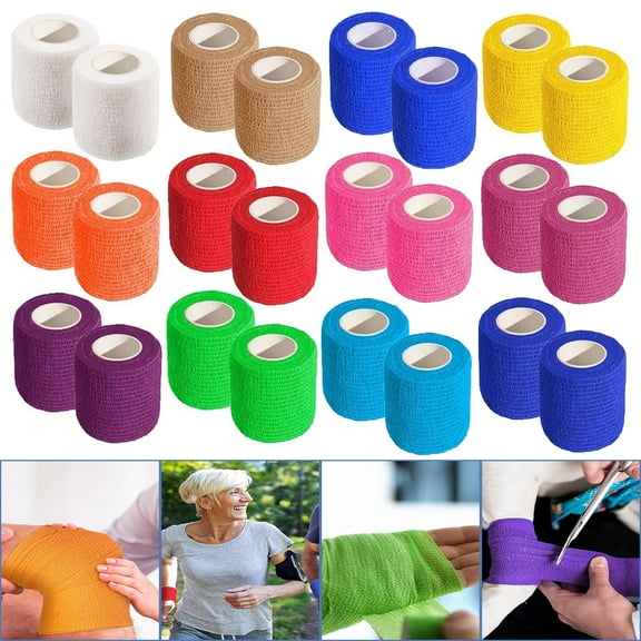 Self Adhesive Bandage Wrap 2 Inch x 5 Yards ,24 Pack Breathable Elastic Bandage Wrap , Non-Woven Vet Wrap for Wrist, Swelling, Sports, Tattoo (12 Colors)