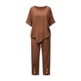 thumbnail image 7 of PRINxy Women All Match Linen Texture Two Piece Outfit Summer Crew Neck Short Sleeve Top Loose Wide Leg Pants Ladies Outdoor Leisure Daily Wear Suit Coffee XL, 7 of 7