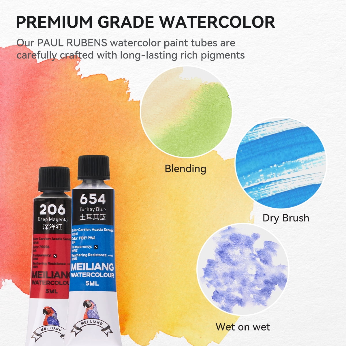 MEI LIANG Watercolor Paint Tubes Artist Grade 36 - Professional Water Color Paints Set for Adult
