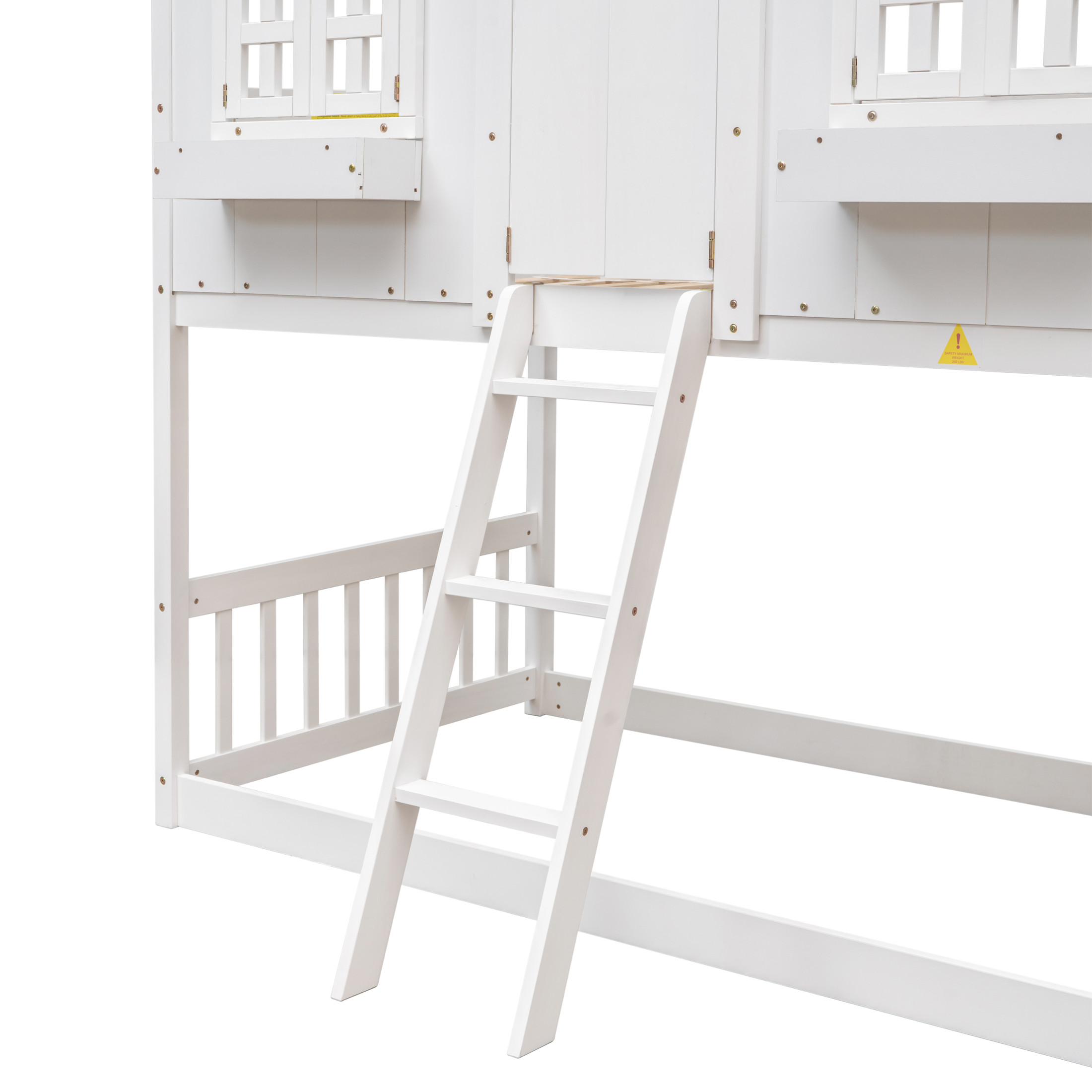 Noble House Twin Over Twin House Bunk Bed, Pine Wood Frame with Safety Guardrails and Ladder, White