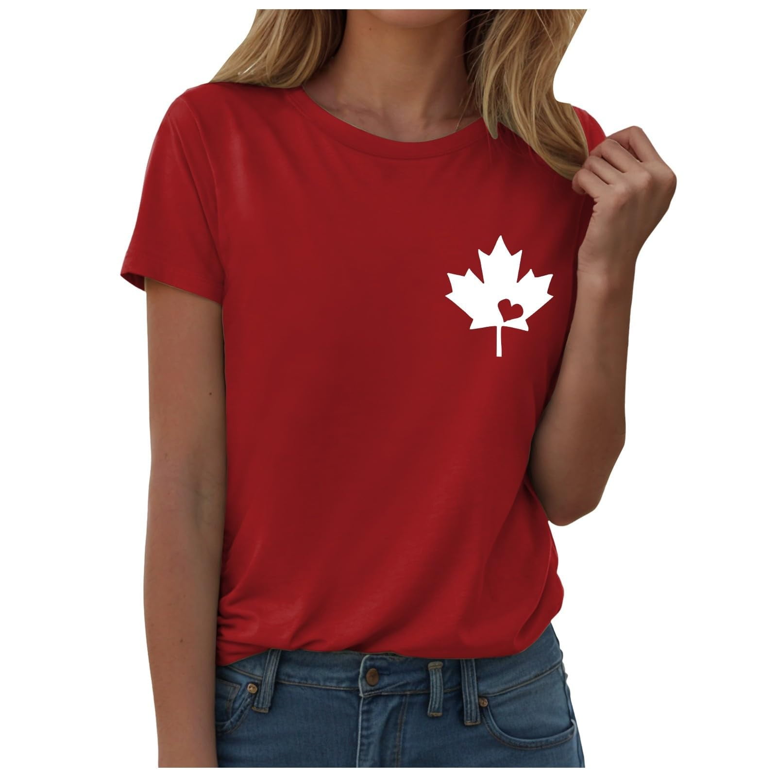 WEIYLL T-Shirts Women Canada Maple Leaf Print Proud Statement Red Tees Sizes S
