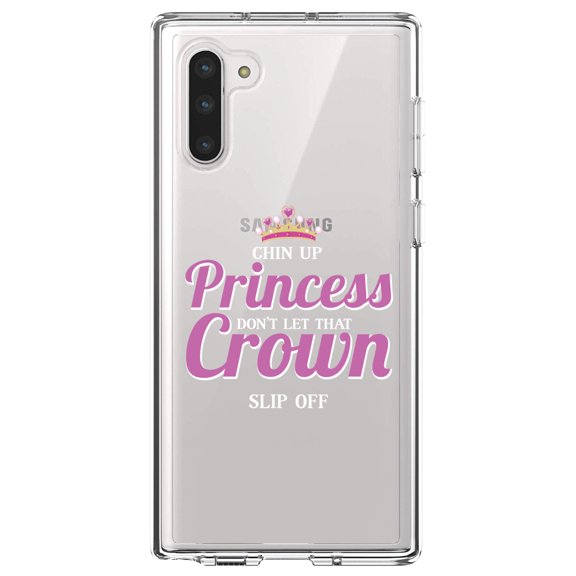DistinctInk Clear Shockproof Hybrid Case for Samsung Galaxy Note 10 (6.3" Screen) - TPU Bumper Acrylic Back Tempered Glass Screen Protector - Chin Up Princess Don't Let That Crown Slip Off