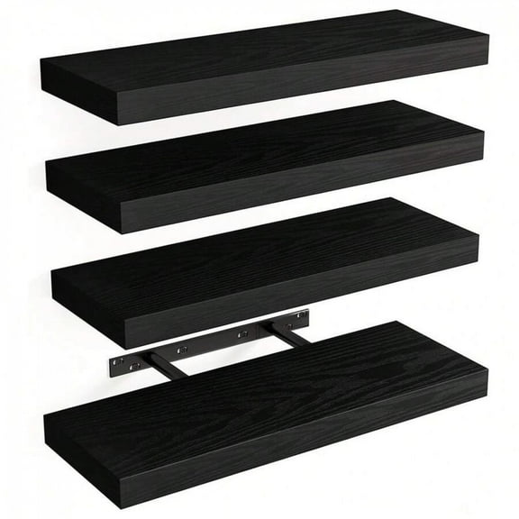 NTGFU 4 pcs Black Floating Shelf, Bathroom Organizer, Wall Hanging, Rustic Wood Trim Wall Shelf with Invisible Brackets Wall Decorative Shelf for Bathroom, Living Room, Bedroom and Kitchen