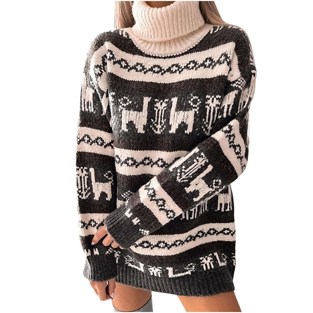 Vestido de punto navideño de manga larga con abalorio suelto y cuello redondo para mujer Pompotops hdfakjf5022