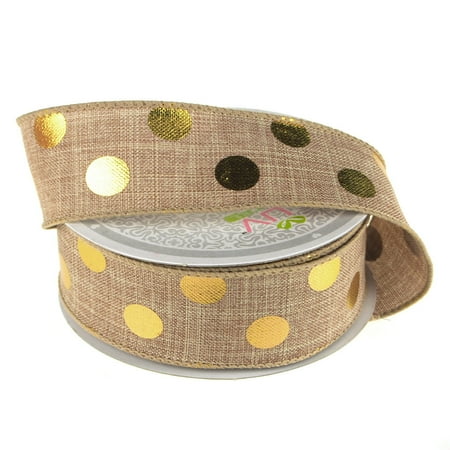 Gold Dot Wire - Metallic Dots Wired Canvas Ribbon, 1-1/2-Inch, 10 Yards, Toffee/Gold