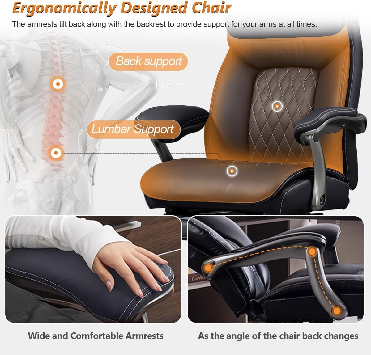 WXJHL Big and Tall Office Chair, Wide Seat Executive Office Chair with Lumbar Support and Headrest, 600 lbs Heavy-Duty Ergonomic Desk Chair, Luxury Leather Chair with Leg Rest,Black